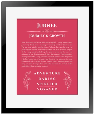 Jurnee personalized name art with origin story in red with black matte frame