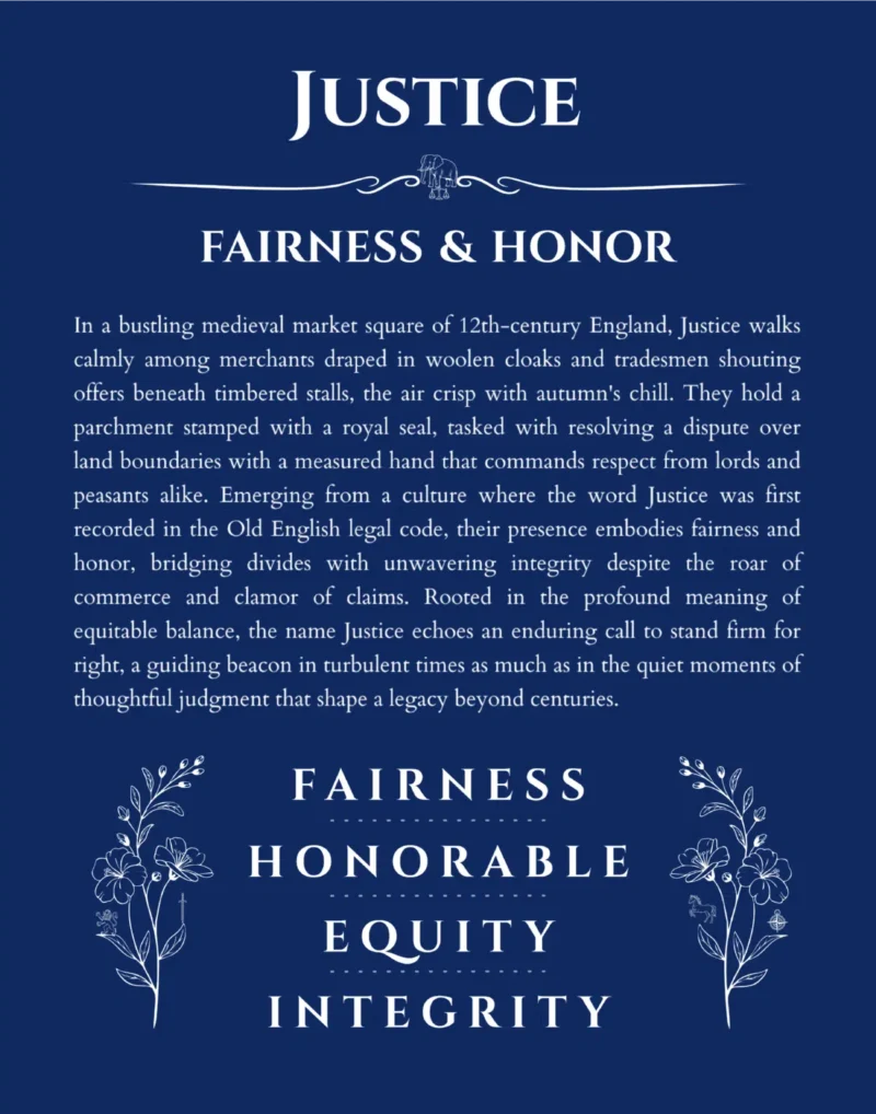 Justice personalized name art with origin story in deep blue