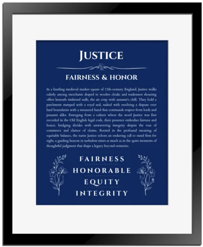 Justice personalized name art with origin story in deep blue with black matte frame