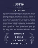 Justin name origin print with meaning and traits in navy blue