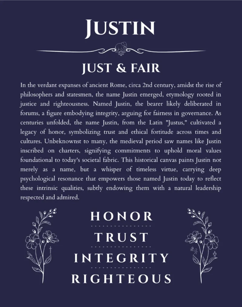 Justin name origin print with meaning and traits in navy blue