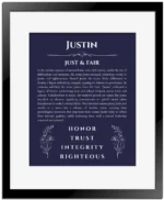 Justin name origin print with meaning and traits in navy blue with black matte frame
