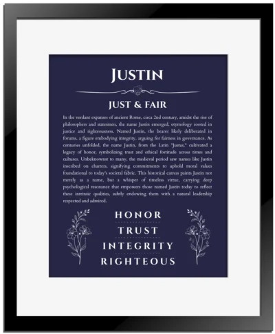 Justin name origin print with meaning and traits in navy blue with black matte frame