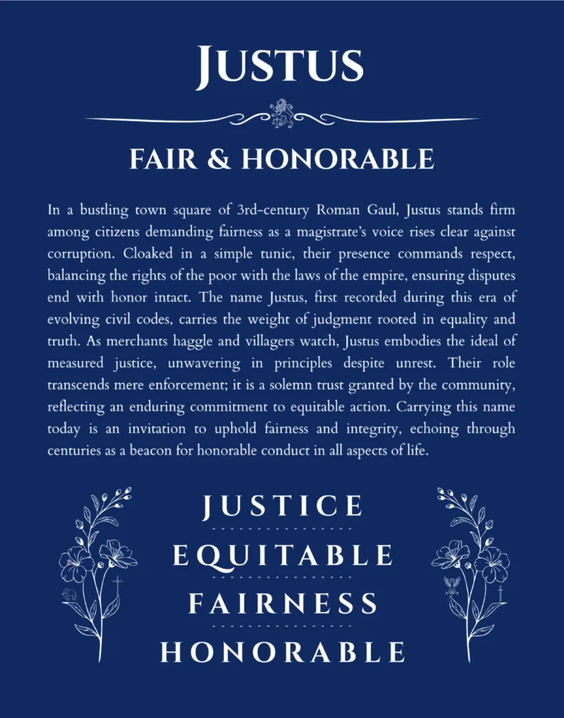Justus name origin print with meaning and traits in deep blue