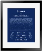 Justus name origin print with meaning and traits in deep blue with black matte frame
