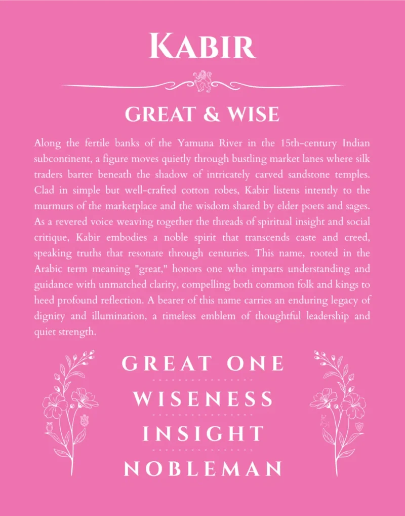 Kabir personalized name print with origin and traits in pink