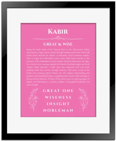 Kabir personalized name print with origin and traits in pink with black matte frame