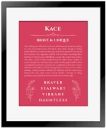 Kace personalized name meaning print in red with black matte frame