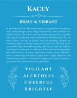 Kacey custom name art showing meaning and origin in blue