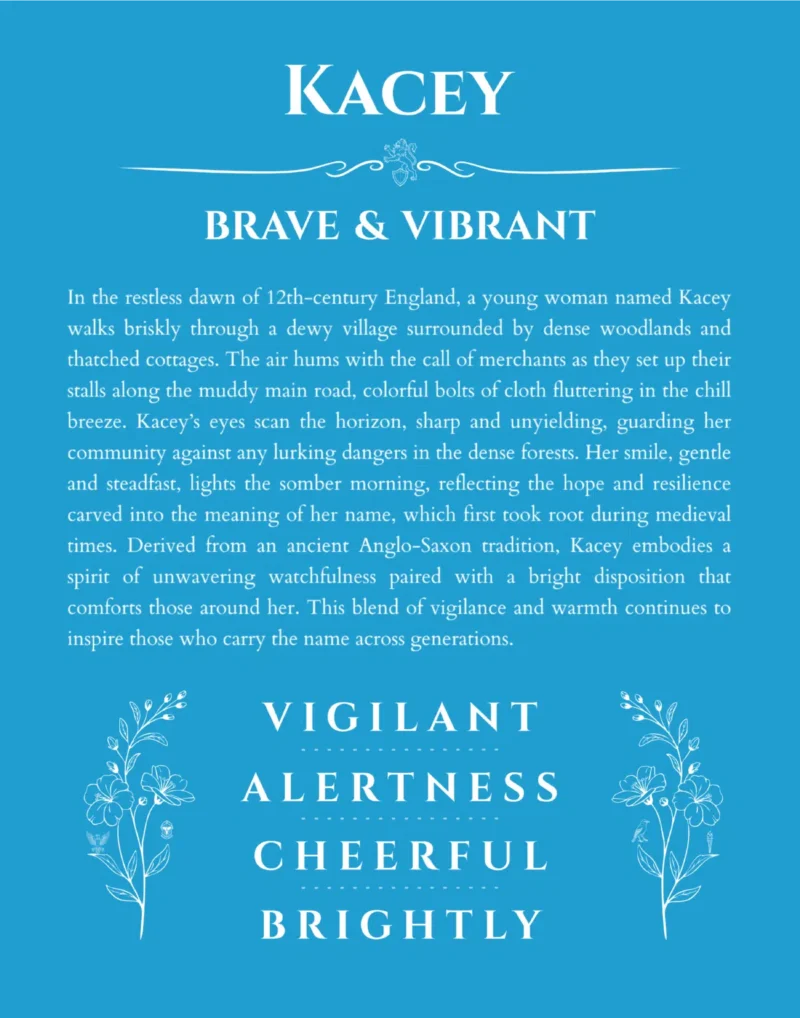 Kacey custom name art showing meaning and origin in blue