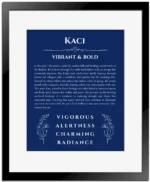 Kaci name meaning gift print in deep blue with black matte frame