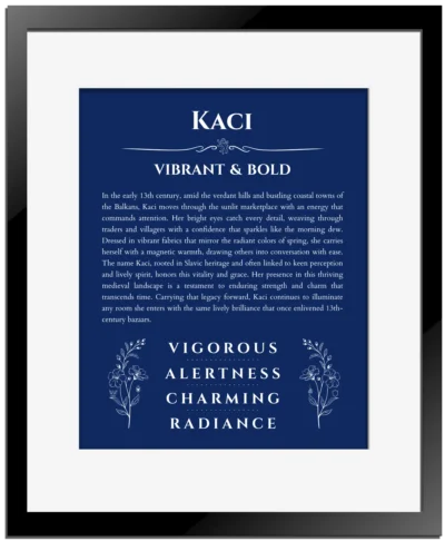 Kaci name meaning gift print in deep blue with black matte frame