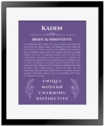 Kaden personalized name meaning print in purple with black matte frame