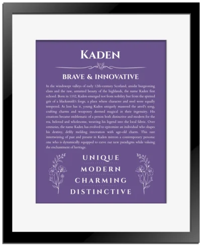 Kaden personalized name meaning print in purple with black matte frame