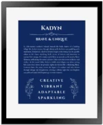 Kadyn personalized wall art with the story of your name in deep blue with black matte frame