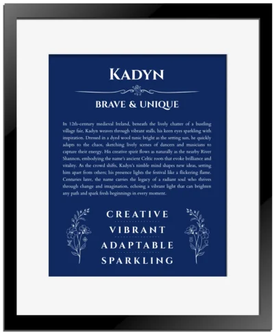 Kadyn personalized wall art with the story of your name in deep blue with black matte frame