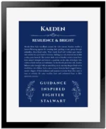 Kaeden personalized name meaning print in deep blue with black matte frame