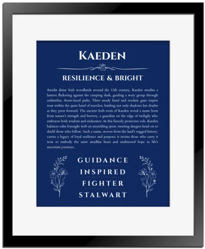 Kaeden personalized name meaning print in deep blue with black matte frame