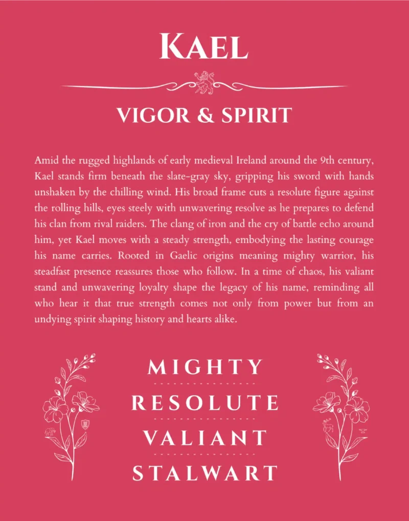 Kael name origin print with meaning and traits in red