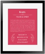 Kael name origin print with meaning and traits in red with black matte frame