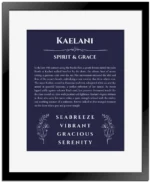 Kaelani personalized name meaning print in navy blue with black matte frame