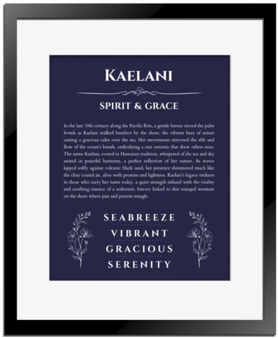 Kaelani personalized name meaning print in navy blue with black matte frame