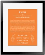 Kaeli name meaning wall art by Get Your Story in orange with black matte frame