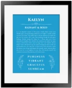 Kaelyn personalized name print with origin and traits in blue with black matte frame