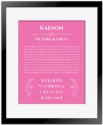 Kaeson custom name art showing meaning and origin in pink with black matte frame