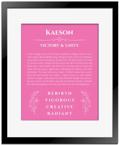 Kaeson custom name art showing meaning and origin in pink with black matte frame