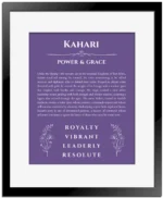 Kahari name origin print with meaning and traits in purple with black matte frame