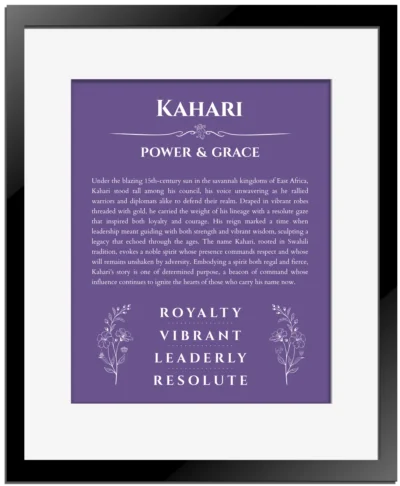 Kahari name origin print with meaning and traits in purple with black matte frame
