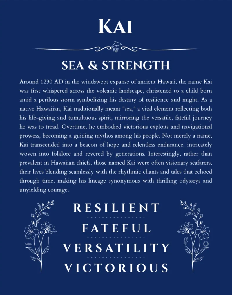 Kai name origin print with meaning and traits in deep blue