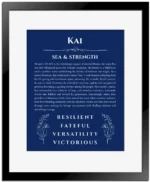 Kai name origin print with meaning and traits in deep blue with black matte frame