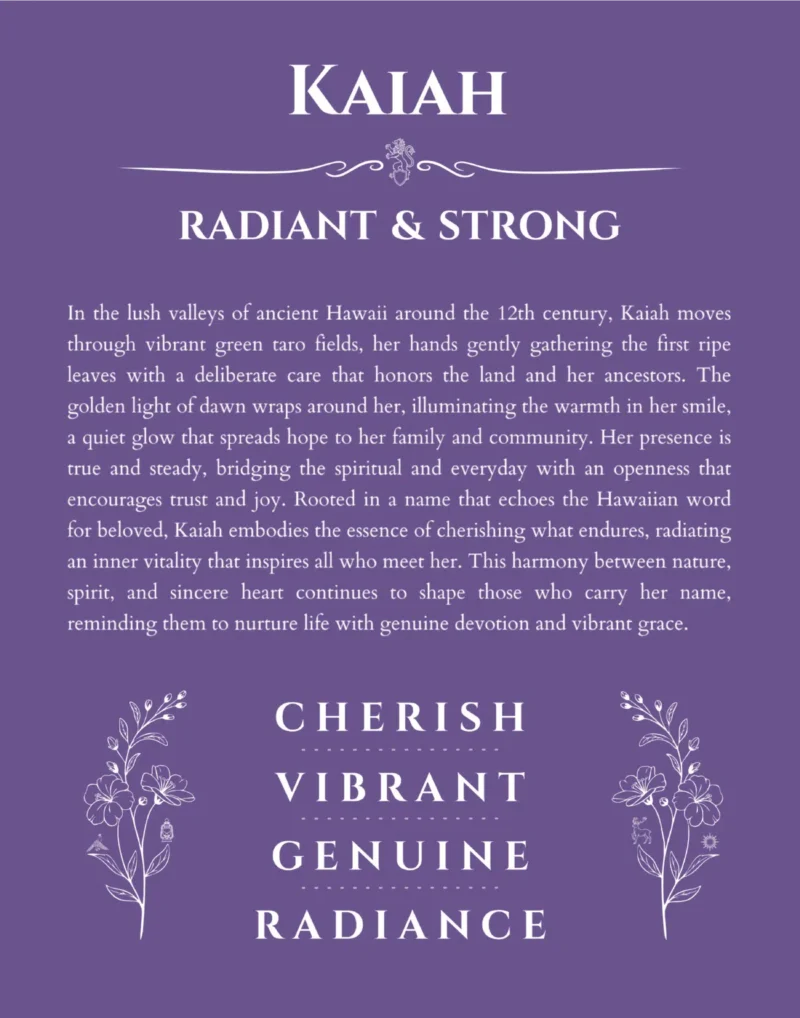 Kaiah name origin print with meaning and traits in purple