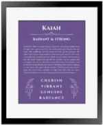 Kaiah name origin print with meaning and traits in purple with black matte frame