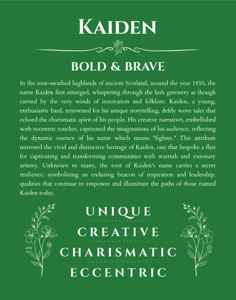 Kaiden custom name art showing meaning and origin in dark green