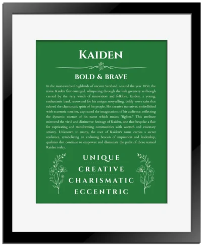 Kaiden custom name art showing meaning and origin in dark green with black matte frame