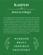 Kaidyn personalized name art with origin story in dark green