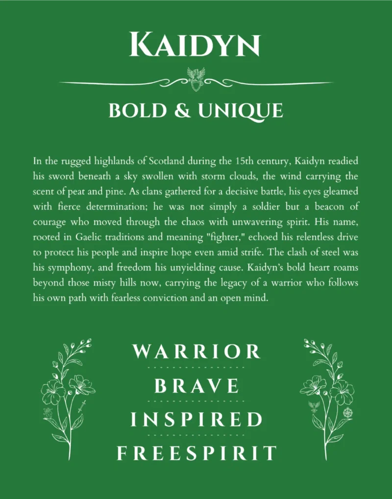 Kaidyn personalized name art with origin story in dark green