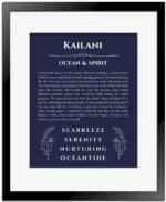 Kailani name meaning wall art by Get Your Story in navy blue with black matte frame