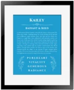 Kailey personalized name art with origin story in blue with black matte frame
