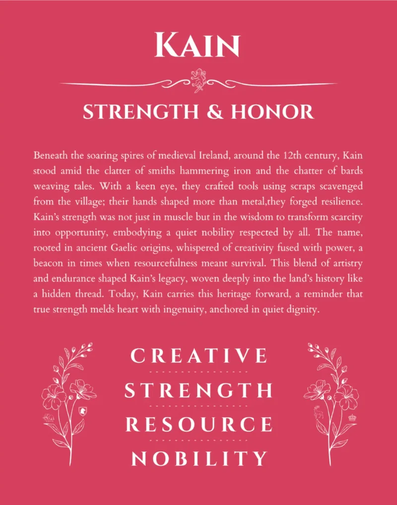 Kain personalized name art with origin story in red