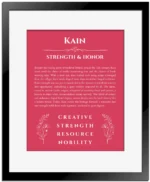 Kain personalized name art with origin story in red with black matte frame
