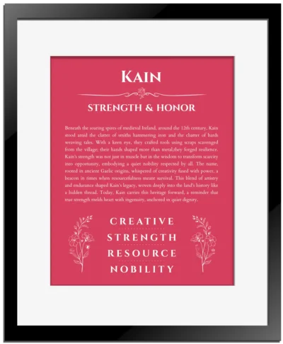 Kain personalized name art with origin story in red with black matte frame