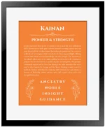 Kainan personalized name meaning print in orange with black matte frame