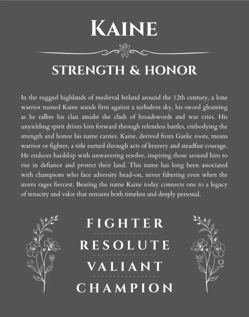 Kaine custom name art showing meaning and origin in gray