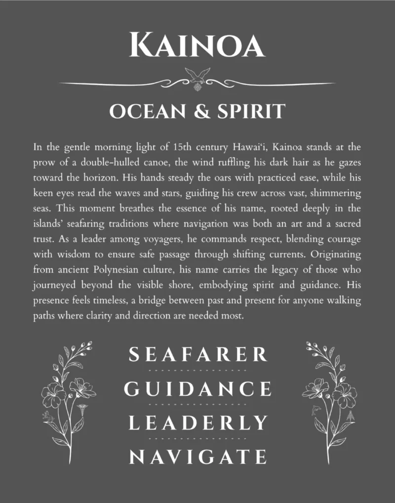 Kainoa name origin print with meaning and traits in gray