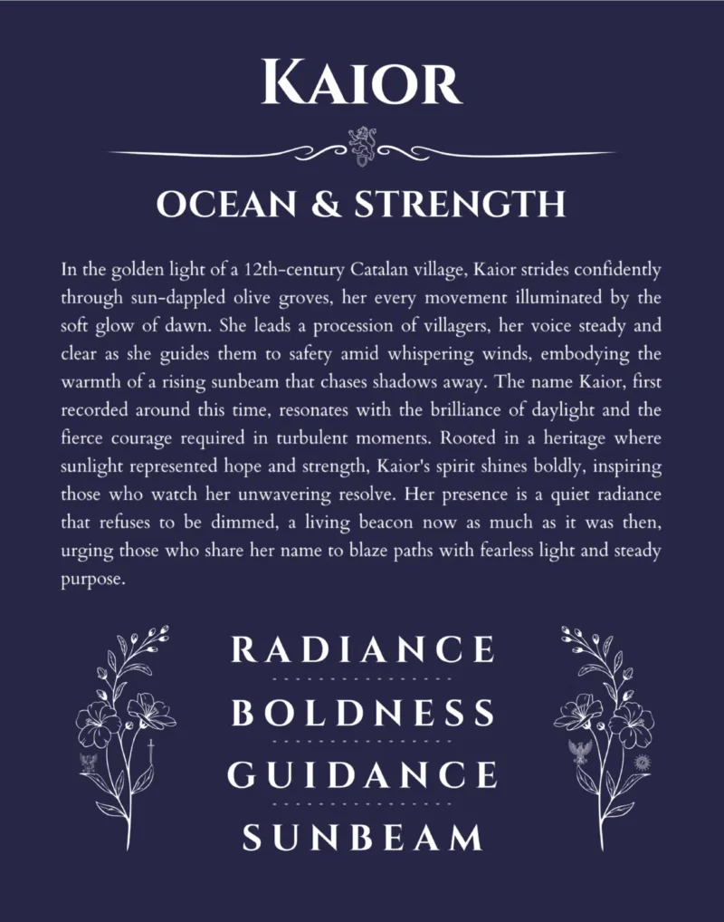 Kaior name origin print with meaning and traits in navy blue