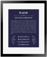 Kaior name origin print with meaning and traits in navy blue with black matte frame
